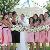 Mix pink bridal bouquet, all white bridesmaids bouquets